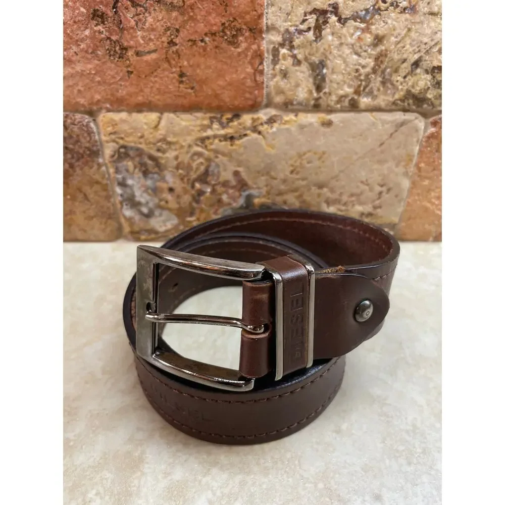 Diesel Belt M Brown Leather Silver Buckle Logo Embossed Casual Everyday